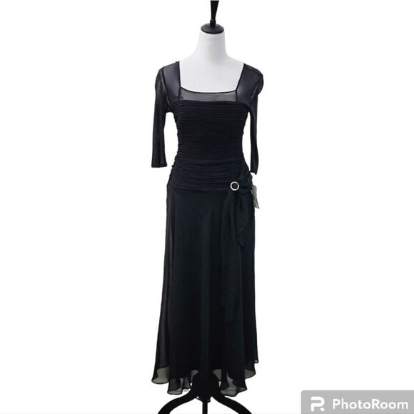 Sangria Fully Lined Black Midi Dress Square Neck V Back Ruffle 3/4 Sleeve Size 8 - Picture 1 of 11